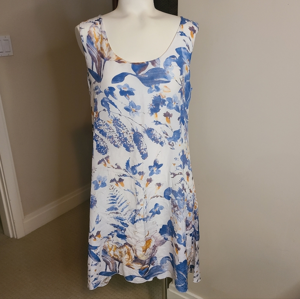 Dress Sleevless Silk Blend White With Blue Floral Print. Lined Size L Italy